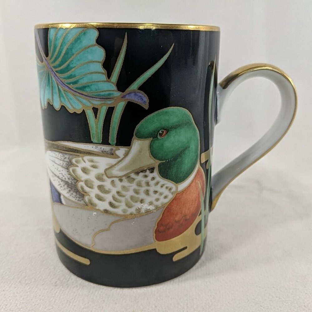 Fitz & Floyd Mallard Pond 339 Fine Porcelain Mug Black Gold Duck Bird Coffee